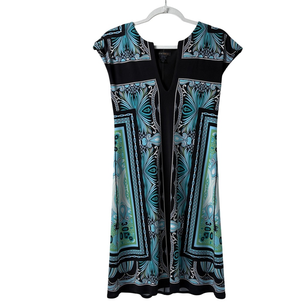 Eva Varro Sheath Dress Womens Size‎ M Black Turquoise Geometric Print Cap Sleeve